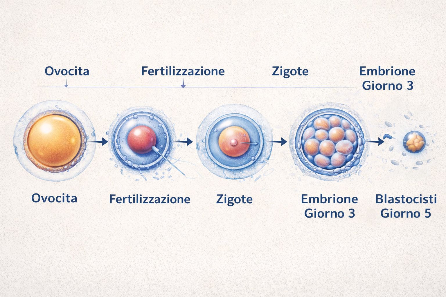 schema processo fecondazione assistita dall’ovocita alla blastocisti