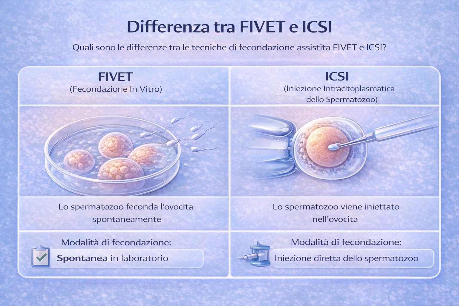 differenza tra FIVET e ICSI nella fecondazione in vitro modalità di fecondazione ovocita spermatozoo